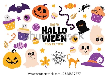Halloween colorful elements vector set design. Happy halloween with pumpkins, ghost, cup cake, bat and cat flat colorful elements collection isolated in white background. Vector illustration