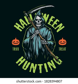 Halloween colorful emblem in vintage style with grim reaper holding scythe isolated vector illustration