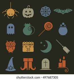 Halloween colorful flat icons set. Holiday pictograms collection of spider, cat, bat, web, ghost, pumpkin, candy, potion, owl, calendar, moon, broom, boots, hat, candle, tombstone. Vector illustration