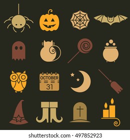 Halloween colorful flat icons set. Holiday pictograms collection of spider, cat, bat, web, ghost, pumpkin, candy, potion, owl, calendar, moon, broom, boots, hat, candle, tombstone. Vector illustration