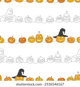 Halloween colorful and graphic pumpkins in one line in vector seamless pattern