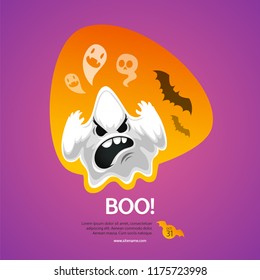Halloween colorful greeting card on purple background with Boo. Spooky ghost banner. Clipping paths included.