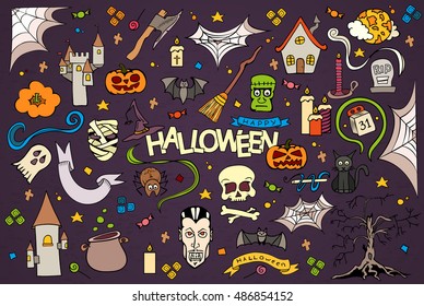 Halloween colorful hand drawn doodle set of items and symbols. Cartoon style. Vector illustration.