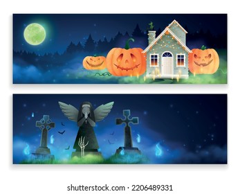 Halloween colorful horizontal banners with grave crosses in old cemetery spirits and laughing pumpkins around cute house cartoon vector illustration
