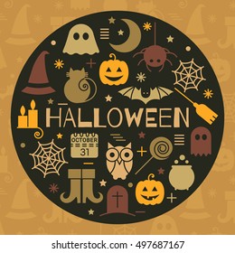 Halloween colorful icon set in circle shape on black background. Concept for festive banner, greeting, invitation card, flyer, tag and label, poster, postcard, advertisement. Vector illustration