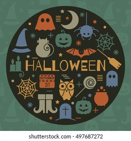 Halloween colorful icon set in circle shape on black background. Concept for festive banner, greeting, invitation card, flyer, tag and label, poster, postcard, advertisement. Vector illustration