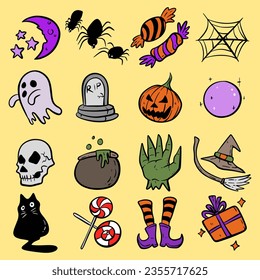 halloween colorful  icon set hand drawing style 