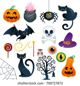 Halloween colorful icons set vector. Pumpkin, black cats, bat, skull, spider, lollipop, magic hat, scary tree - good for holiday design