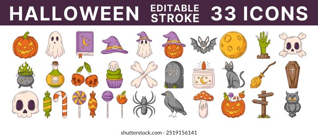 Halloween bunte Linie Symbole gesetzt, Vektorgrafik, editierbare Strich, Farbe. Oktober gruselige, gespenstische Sammlung. Kürbis, Süßigkeiten, Geist, Zauberbuch, Hexenhut, Schädel und Knochen, Zombie-Hand