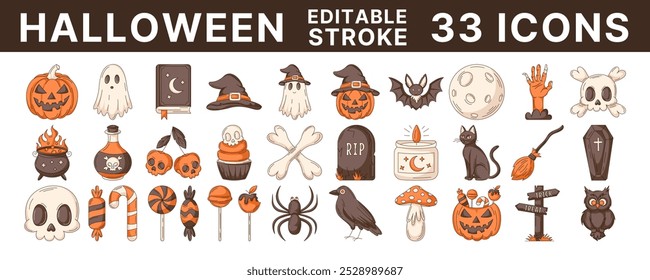 Conjunto de iconos de línea colorida de Halloween, Ilustración vectorial, trazo editable, color naranja y marrón. Colección espeluznante y aterradora. Calabaza, dulces, fantasma, libro de hechizos, sombrero de bruja, cráneo, huesos, mano zombi