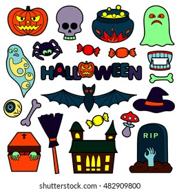 Halloween colorful patches. Pin badges set. Stickers collection. Appliques for denim or clothes.