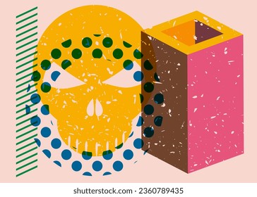 Halloween Colorful risograph poster with skull and geometric shapes. Object in trendy riso graph design, vector geometry elements.