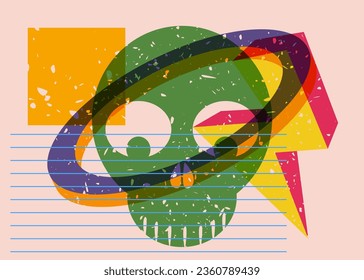 Halloween Colorful risograph poster with skull and geometric shapes. Object in trendy riso graph design, vector geometry elements.