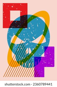 Halloween Colorful risograph poster with skull and geometric shapes. Object in trendy riso graph design, vector geometry elements.