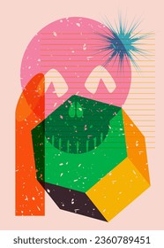 Halloween Colorful risograph poster with skull and geometric shapes. Object in trendy riso graph design, vector geometry elements.
