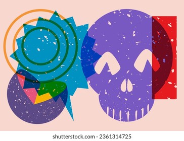 Halloween Farbiges Risograph-Poster mit Schädel, Sprachblase und geometrischen Formen. Objekt in trendigem Riso Graphdesign, Vektorgeometrie Elemente.