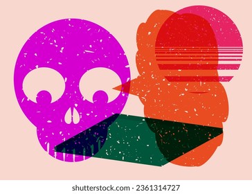 Halloween Colorful risograph poster with skull, speech bubble and geometric shapes. Object in trendy riso graph design, vector geometry elements.