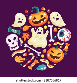 Halloween colorful round illustration with celebration decorative elements.