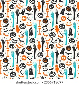 Halloween colorful seamless flat pattern with pumpkins flying bats scary face ghost and skulls
