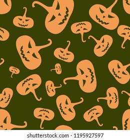 Halloween colorful seamless pattern. Seamless background with Jack of the lantern. Mystic pattern with pumpkins on color background. Vector illustration.