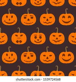 Halloween colorful seamless pattern. Seamless background with Jack of the lantern. Mystic pattern with pumpkins on color background.