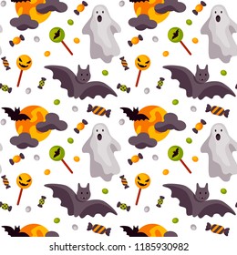 Halloween colorful seamless pattern isolated on white. Vector illustration.