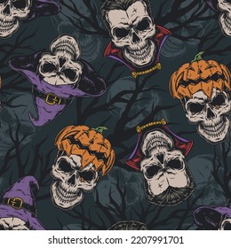Halloween colorful seamless pattern vintage with skulls witches or vampires with pumpkins instead hat among branches night trees vector illustration