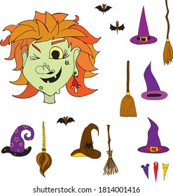 Halloween colorful set. Witch mask, hats and brooms. Halloween party accessories pack. Decorations in the form of bats and spiders for different looks.