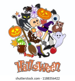 Halloween colorful sticker poster. Halloween traditional symbols and signs pumpkin and scarecrow, black cat, skull and bones, candle, cobweb and cauldron, sweets.