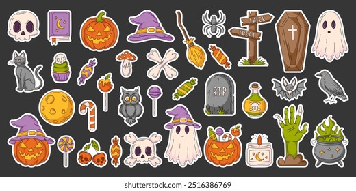 Halloween colorful sticker set, vector illustration. October scary, spooky collection. Pumpkin, sweets, ghost, spell book, witch hat, skull, bones, zombie hand. For print, scrapbooking, web design