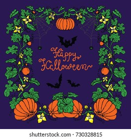 Halloween colorful vector frame with pumpkins, bats and lettering. Hand drawn illustration with design elements  