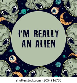 Halloween colorful vintage composition with inscription on circle human eyes alien heads on space background vector illustration