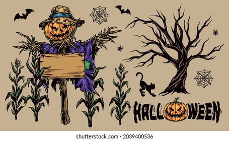 Halloween colorful vintage composition with scary scarecrow with blank wooden board corn plants dry tree cat pumpkin bats spider cobweb isolated vector illustration