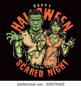 Halloween colorful vintage design with inscriptions scary male and female zombies on dark background isolated vector illustration