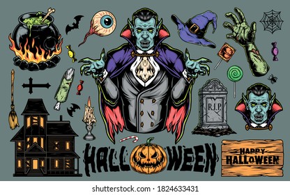 Halloween colorful vintage elements set with vampire witch cauldron hat broom haunted house pumpkin candle zombie body parts gravestone human eye candies isolated vector illustration