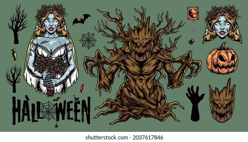 Halloween colorful vintage elements set with dry spooky monster tree pumpkin zombie hand spider bat cobweb candies dead bride in wedding dress with bouquet of flowers isolated vector illustration