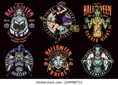 Halloween colorful vintage emblems with evil female monsters and characters isolated vector illustration