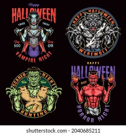 Halloween colorful vintage labels with spooky vampire girl zombie werewolf monster devil with fireballs isolated vector illustration