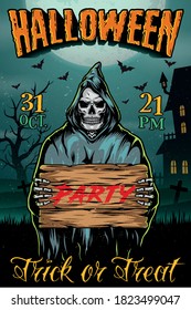Halloween colorful vintage poster with creepy grim reaper holding wooden board with Party inscription vector illustration
