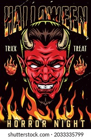 Halloween colorful vintage poster with creepy angry red devil head fire flames and fireballs vector illustration