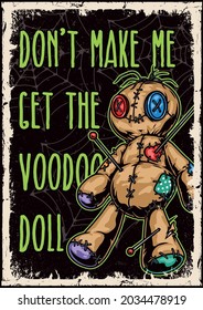 Halloween colorful vintage poster with lettering cobweb and voodoo doll pierced with pins vector illustration