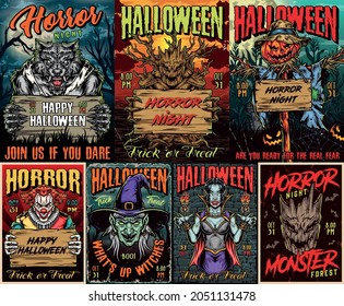 Halloween colorful vintage posters collection with spooky scarecrow scary forest monsters witch head vampire girl ferocious werewolf and evil clown with wooden boards vector illustration