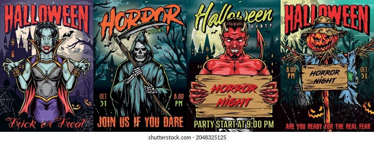 Halloween colorful vintage posters with creepy vampire girl in cape grim reaper with scythe scarecrow with pumpkin head and devil holding wooden plank with Horror Night lettering vector illustration