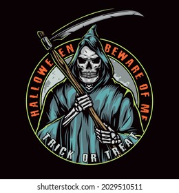 Halloween colorful vintage round badge with spooky grim reaper in hood holding scythe isolated vector illustration