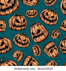 Halloween colorful vintage seamless pattern with pumpkins with carved scary faces vector illustration