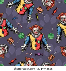 Halloween colorful vintage seamless pattern with evil crazy clowns candies and lollipops flying balloons silhouettes vector illustration