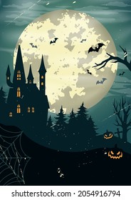 Halloween colorful vintage template with scary pumpkins haunted house trees spiderweb flying bats on full moon background vector illustration