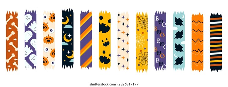 Colorido conjunto de cintas de washi de Halloween. Tiras de cinta de enmascaramiento para la decoración del partido Helloween. Ilustración vectorial plana de color