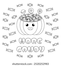 Halloween coloring book for adults and children with a pumpkin full of candy and the inscription “MORE CANDY”