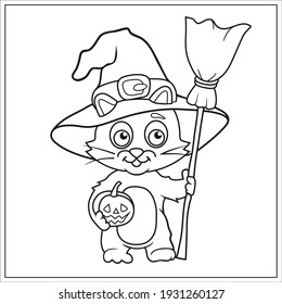 Halloween coloring book with cute cat. Vector outline illustration of cartoon character on white background. Kids activity page.